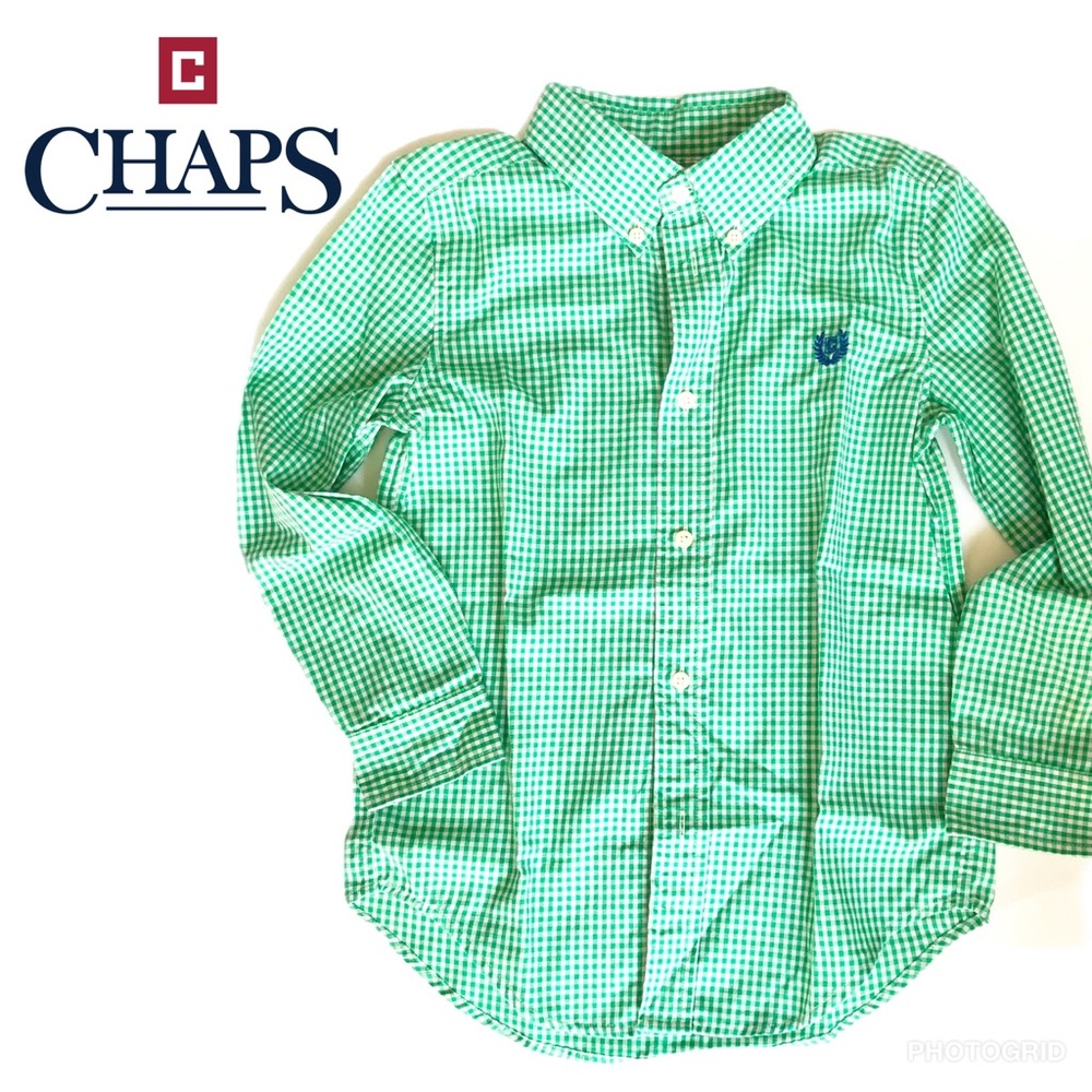 Chaps green + white boys dress shirt, 6